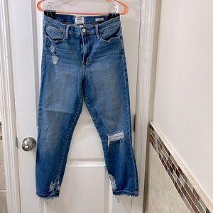 Frame high rise unhemmed distressed Le High Straight ankle jeans. Si…